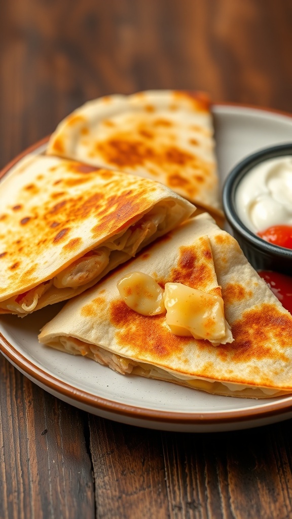 Cheesy Chicken Quesadilla Recipe Golden chicken quesadillas filled with cheese, served with sour cream and salsa on a rustic table.